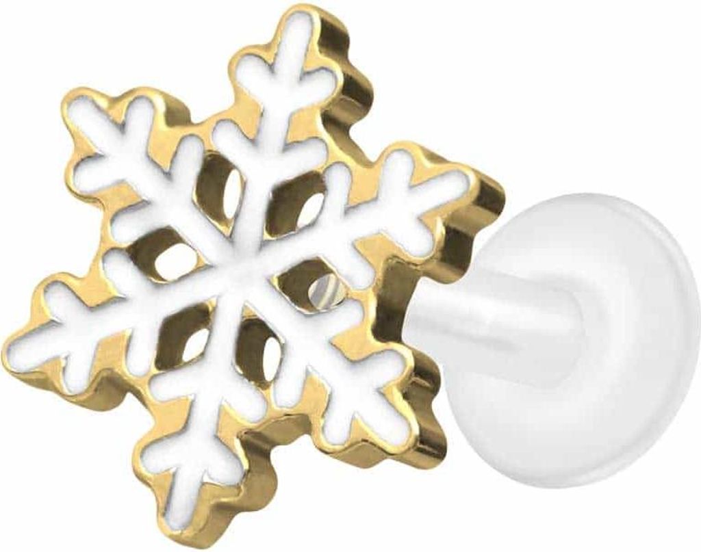 Ohrpiercing, Nasenpiercing PTFE Labret mit Innengewinde + Titan-Aufsatz SCHNEEFLOCKE Gold Stablänge: 8mm | Stabstärke: 1,6mm