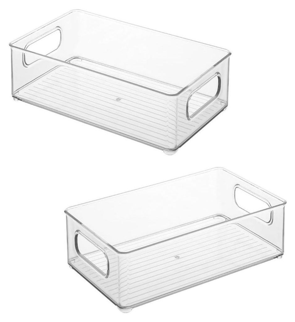 Two clear plastic storage bins with handles are shown against a white background.
