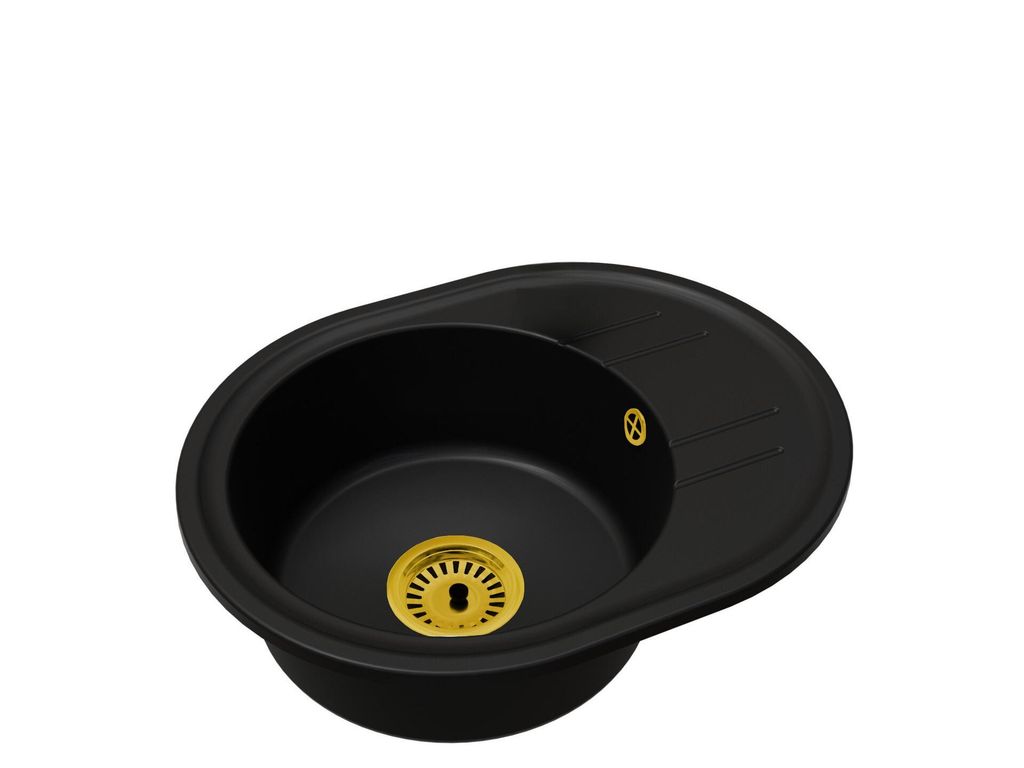 Granitspüle Einbecken Oval BELLA – Schwarz mit Einbeckensiphon Gold
