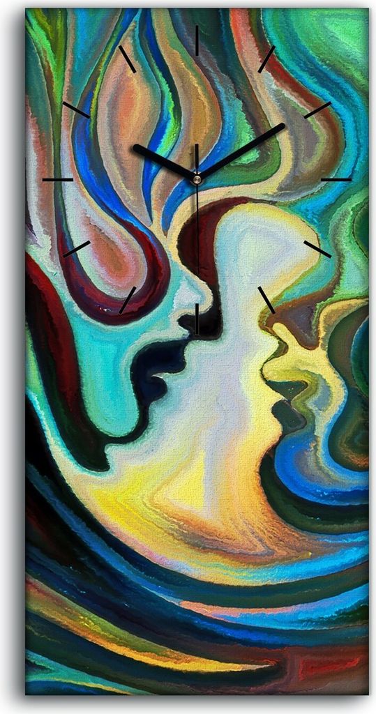 Wandbild Leinwand Bilder mit Uhr 30x60 bunte Abstrakte Linien Gesichter malen - schwarze Hände