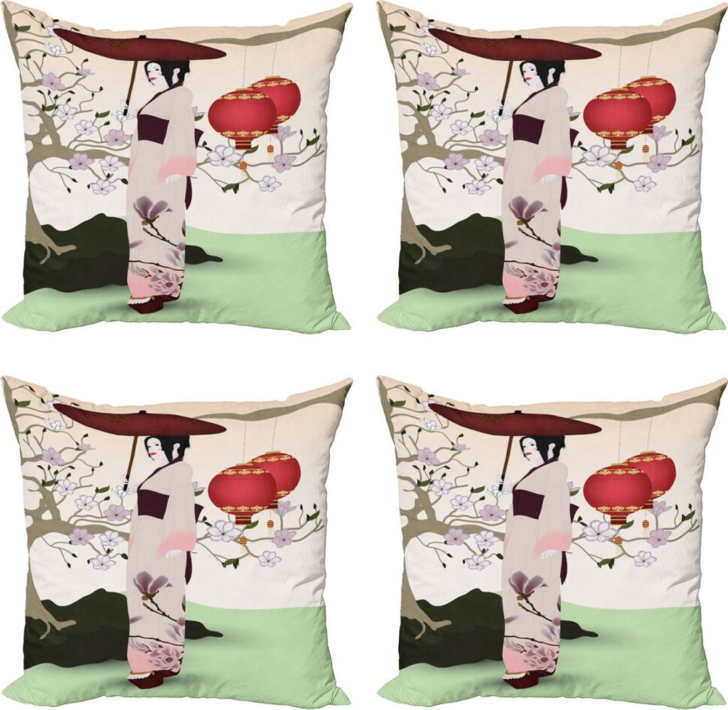 ABAKUHAUS Regenschirm-Mädchen Kissenbezug Set (4 Stück), Orient Garden, Moderner Doppelseitiger Digitaldruck, 45 cm x 45 cm, Hellgrün Multicolor