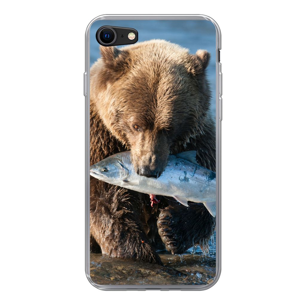 MuchoWow Handyhülle Schutzhülle Hülle für iPhone SE 2020 Bär - Braun - Fisch Silikon Softcase Handy Hülle - Kartenbesitzer