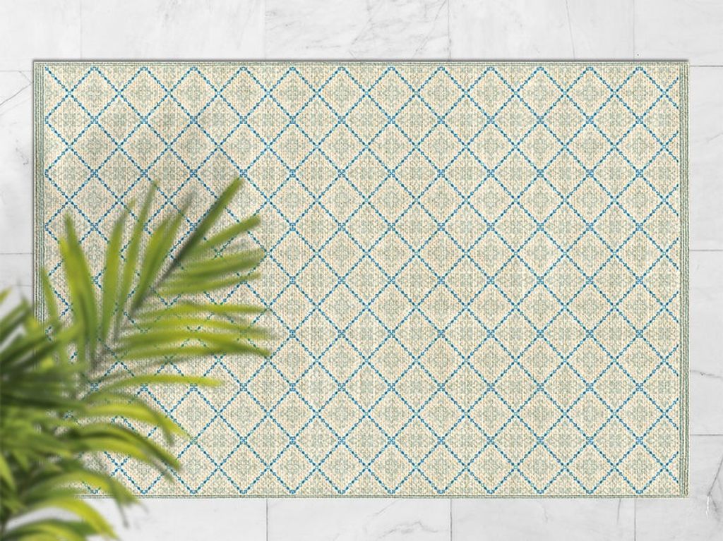 Pastellgrüner floraler Diamant-Vinylteppich mit zartem Rahmen 80x120