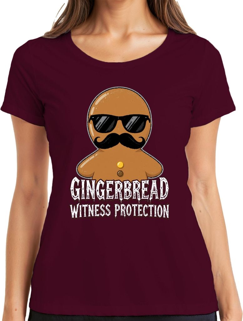 Gingerbread Witness Protection Weihnachten lustig Schnurrbart Damen T-Shirt, Burgundy, XXL