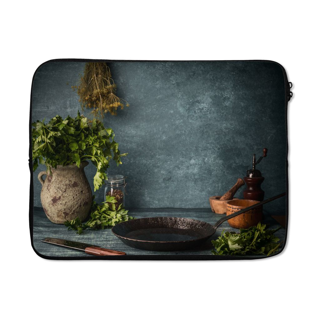 MuchoWow Laptop Hülle 17 Zoll Laptoptasche Kräuter - Gewürze - Pfanne - Messer - Grau - Rustikal - Zipper - Schutzabdeckung