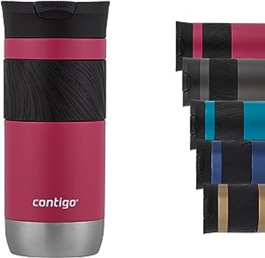 A single pink Contigo Byron 2.0 SNAPSEAL travel mug is shown on the left, with a stack of other travel mugs in various colors on the right.