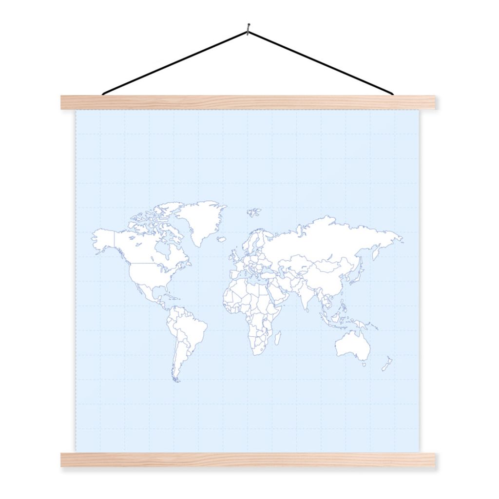 MuchoWow Textilposter Weltkarte - Einfach - Weiß 60x60 cm mit holzfarbenen Rahmen - Wanddekoration