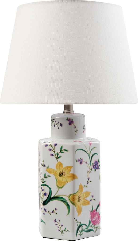 BELIANI Tischlampe Weißer Porzellansockel Leinen-Trommelschirm mit Blumenmuster Beleuchtung Stilvoll