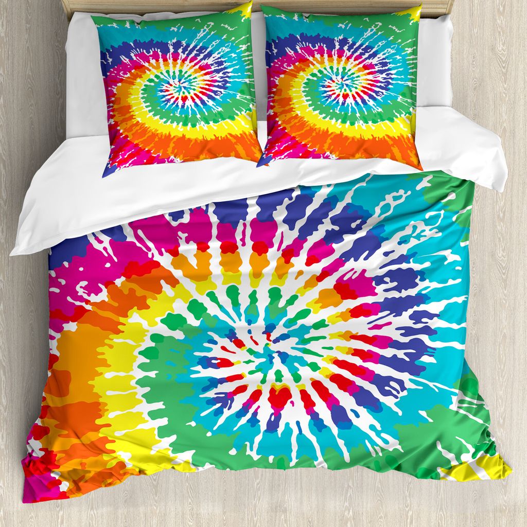 ABAKUHAUS Stoff Bettbezugs Set Für Doppelbetten, Regenbogen Tie Dye Grunge, Milbensicher Allergiker geeignet mit Kissenbezügen, Schwarz Weiß