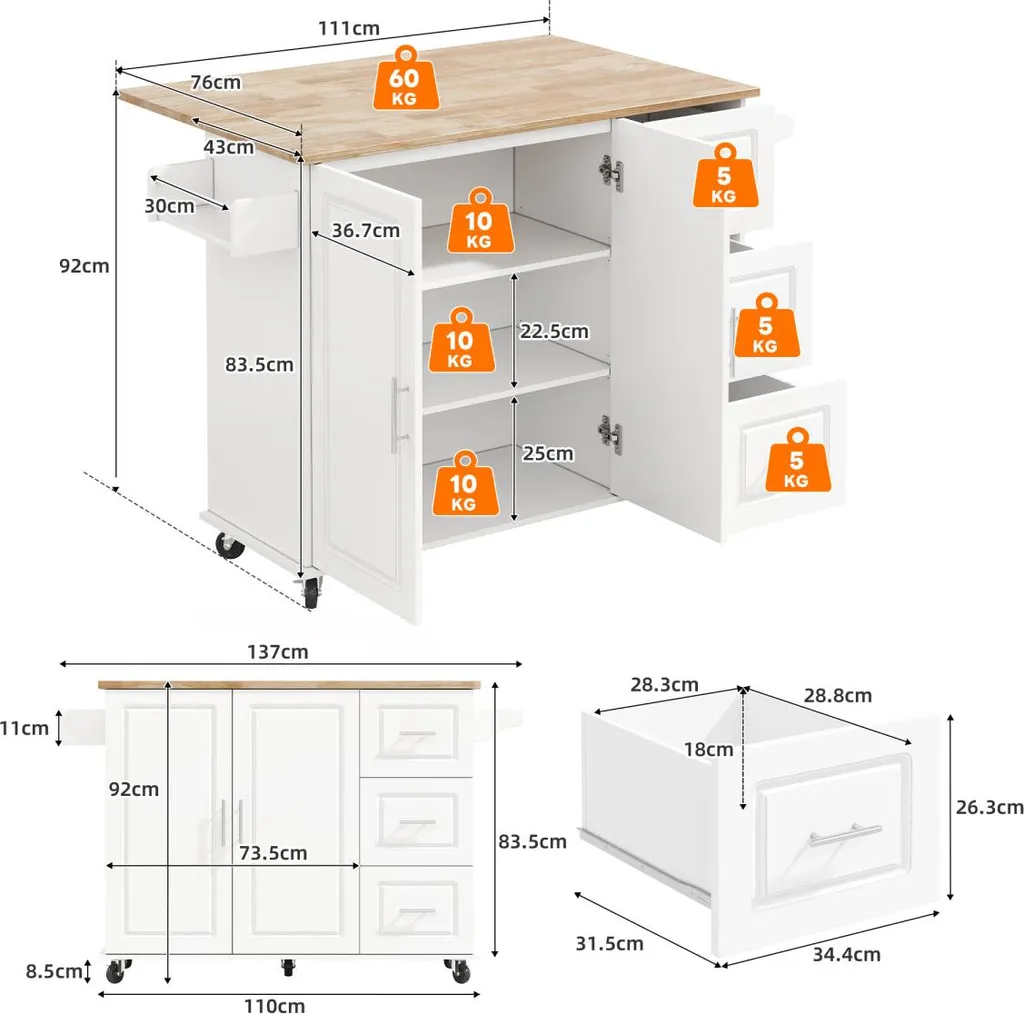 Desserte de cuisine mobile en chêne avec plateau extensible et rangements