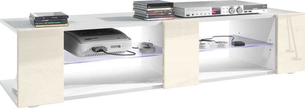 Vladon Lowboard Movie V2, TV-Kommode mit 6 offenen Fächern und Zierleisten, Weiß matt/Creme Hochglanz, inkl. LED-Beleuchtung weiß (134 x 29 x 39...