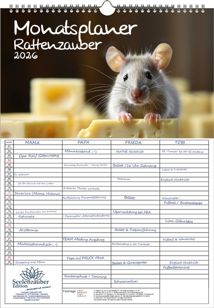Rattenzauber Planer Familienplaner 4 Spaltenplaner DIN A3 Kalender für 2026 Ratten - Seelenzauber