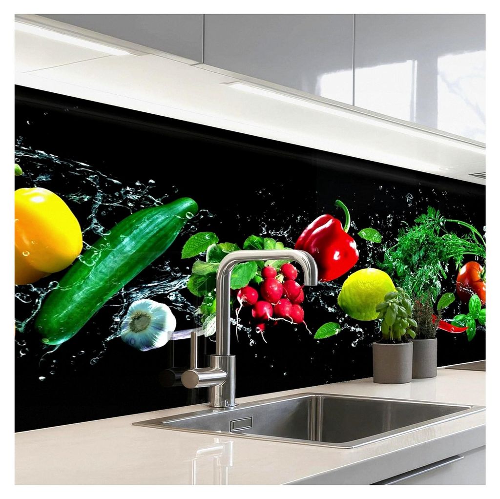 Selbstklebende Küchenrückwand 80x200 cm Küchenspritzschutz Wandschutz Ohne Bohren Spritzschutz Wandverkleidung Gemüse - Spritzer - Schwarz