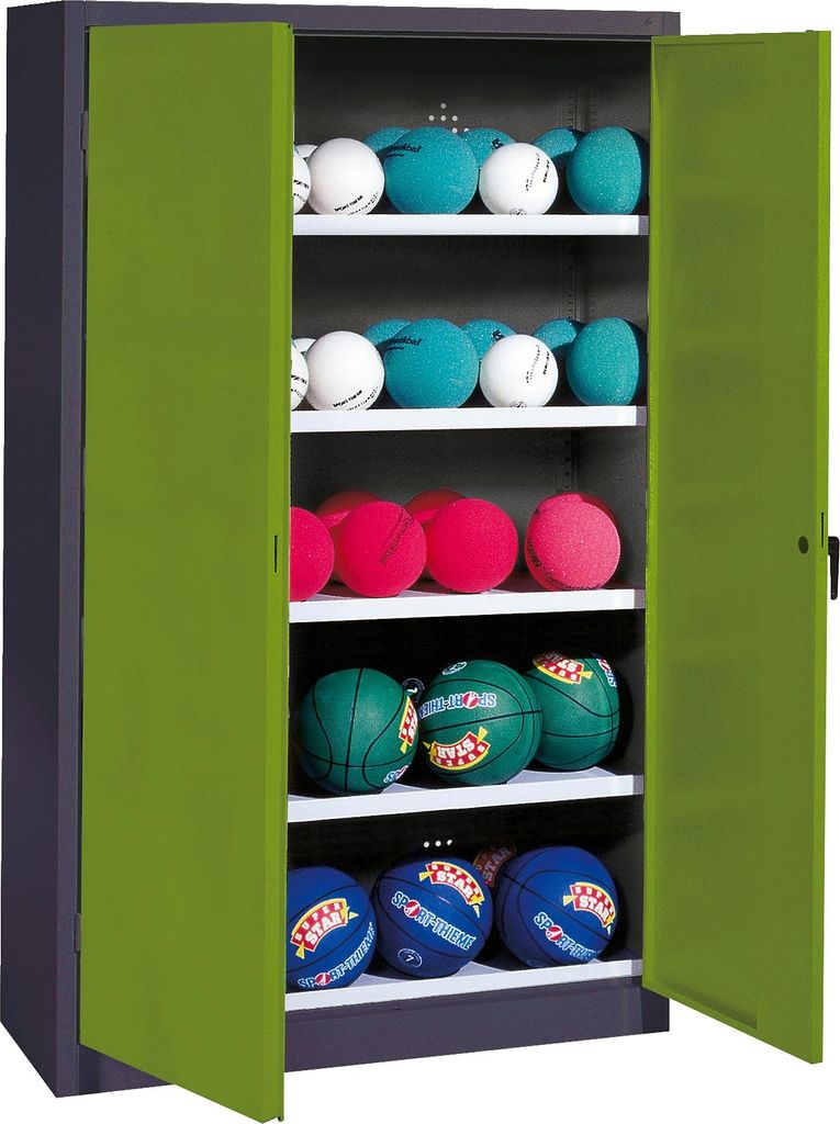 C+P Ballschrank mit Vollblech-Flügeltüren (Typ 3), HxBxT 195x150x50 cm, Ergo-Lock Muldengriff, Clowngrün (RAL 110 80 60), Anthrazit (RAL 7021), ...