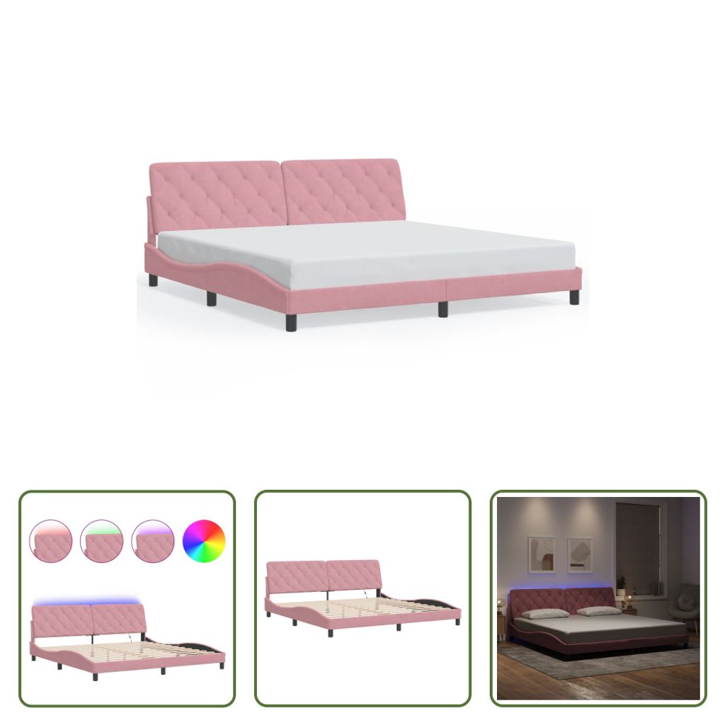 The Living Store Bettgestell mit LED-Leuchten Rosa 200x200 cm Samt