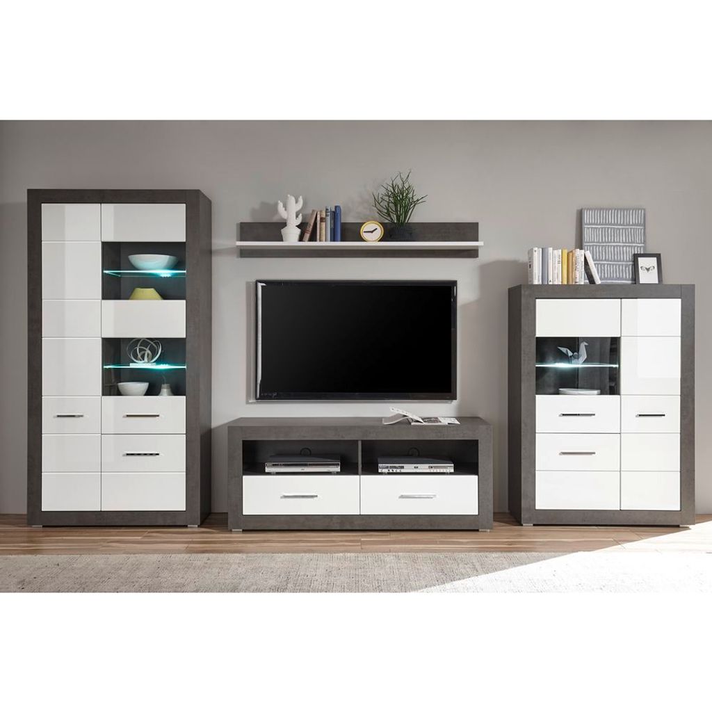 Wohnwand mit 2 Vitrinen in Hochglanz weiß & Betonoptik dunkel ETON-61 inkl. LED-Beleuchtung B/H/T: 370/198/35-45cm