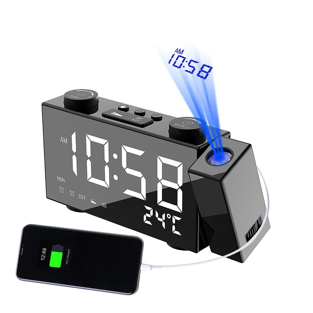 USB Aufladen drehbarer Projektions Digital FM Radiowecker mit Temperaturanzeige