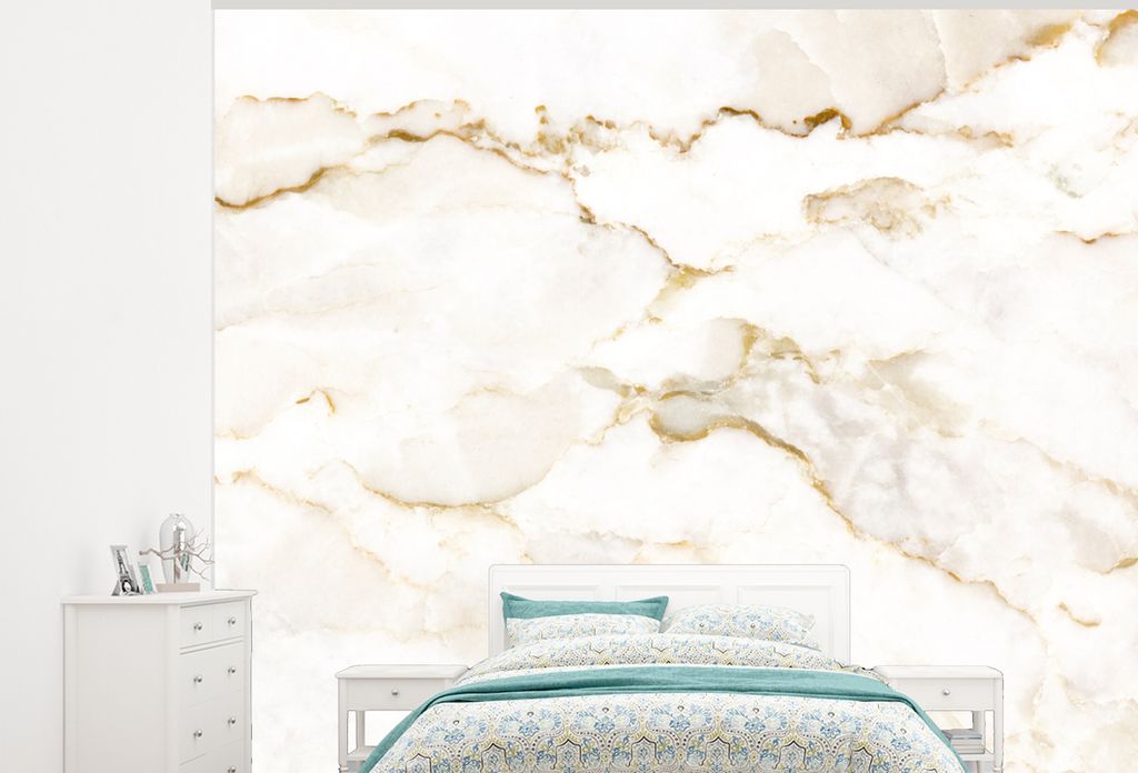 MuchoWow Fototapete für Wohnzimmer oder Schlafzimmer Wandtapete Vinyl Motivtapete Marmor - Limette - Gold - Luxus - Marmoroptik - Weiß - 375x30...