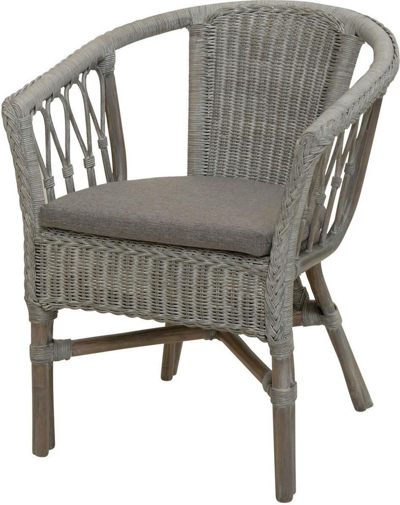 KRINES HOME Stapelbarer Rattan-Sessel/ Stuhl aus Natur-Rattan inkl. Polster in der Farbe Royal Grau