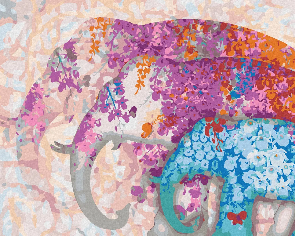 Zuty - Pittura con diamanti - ELEFANTI E COMPOSIZIONE FLOREALE, 40x50 cm, senza cornice e senza tela tesa