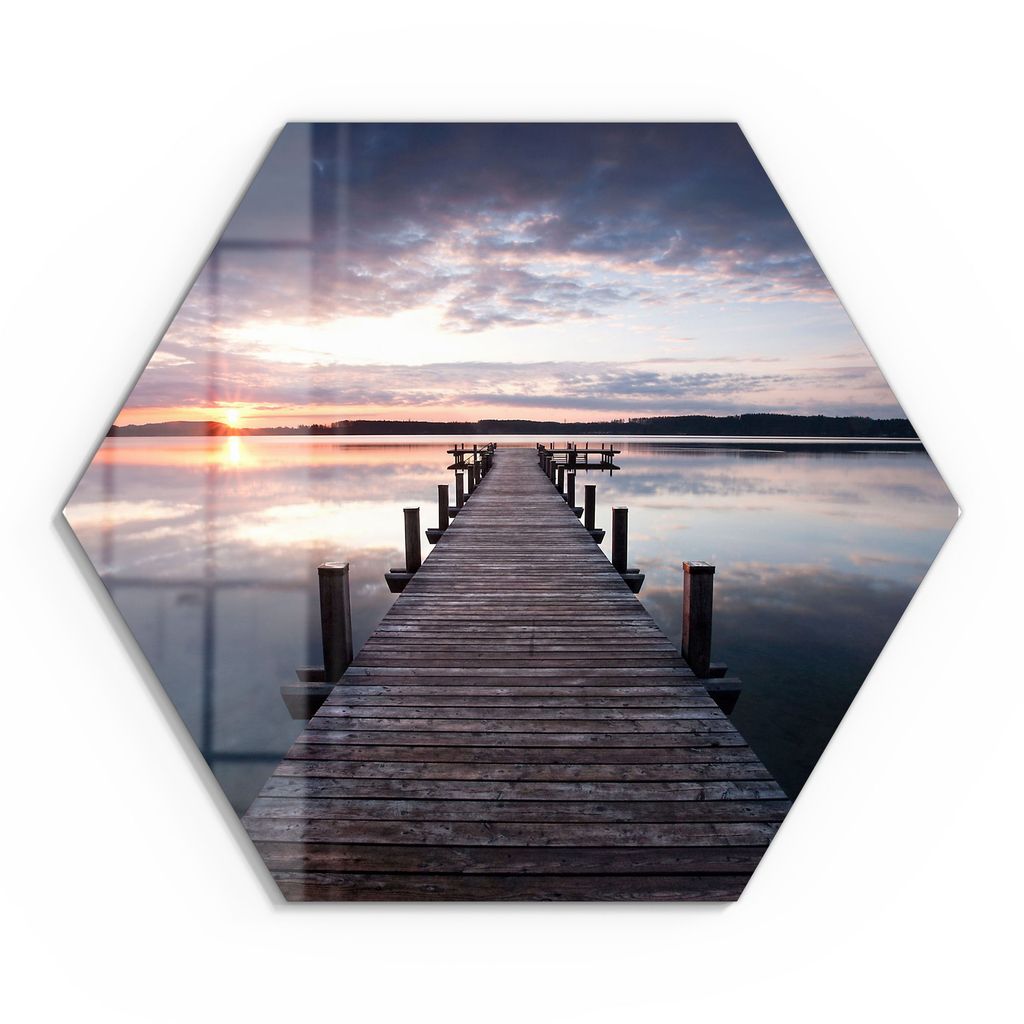 DEQORI Glasbild Echtglas 40x35 cm 'Steg bei Sonnenuntergang' Wandbild Bild modern Deko