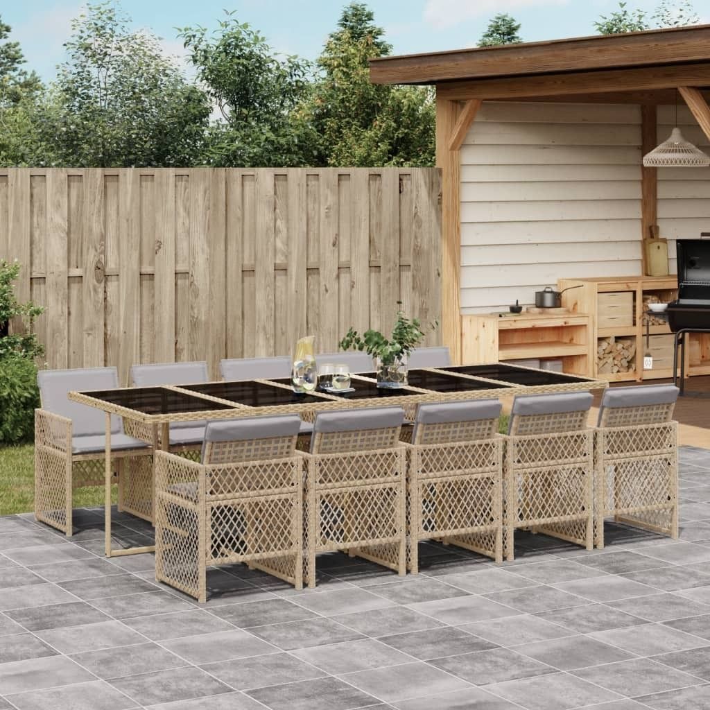 Maison Exclusive - 11-tlg. Garten-Essgruppe mit Kissen Beige Poly Rattan