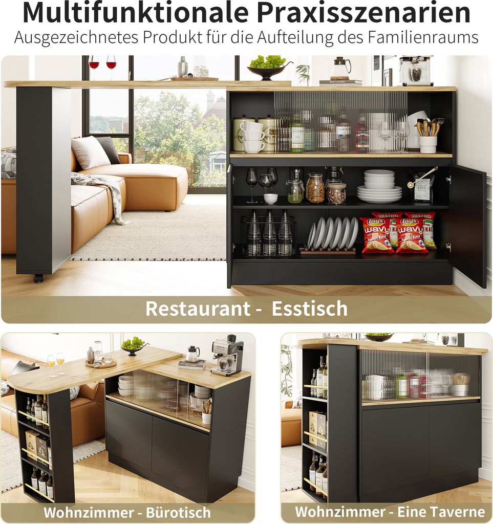 Lahoomu Drehbarer Sideboard 90x45x100cm - Mit Glasschiebetür Für Küche & Esszimmer