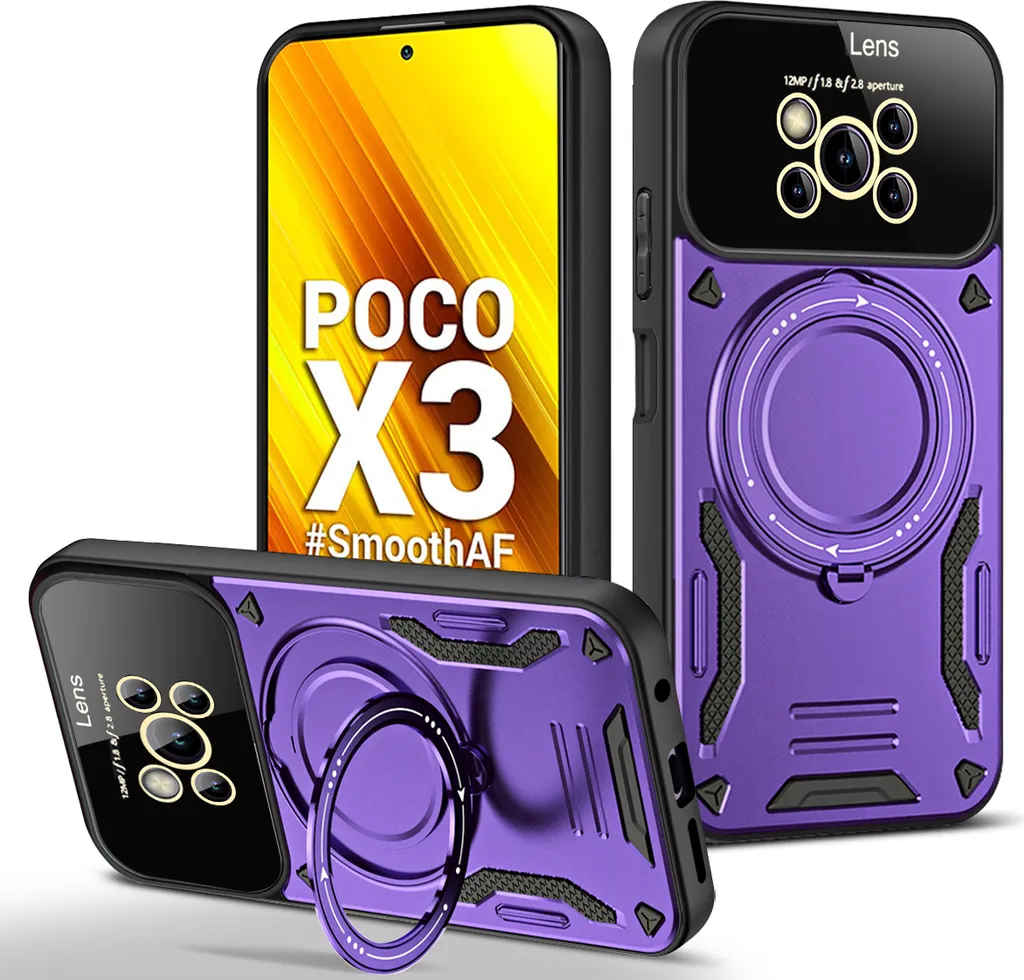 Custodia resistente per Xiaomi Poco X3 NFC / X3 Pro, custodia a due strati con supporto ad anello e supporto Viola