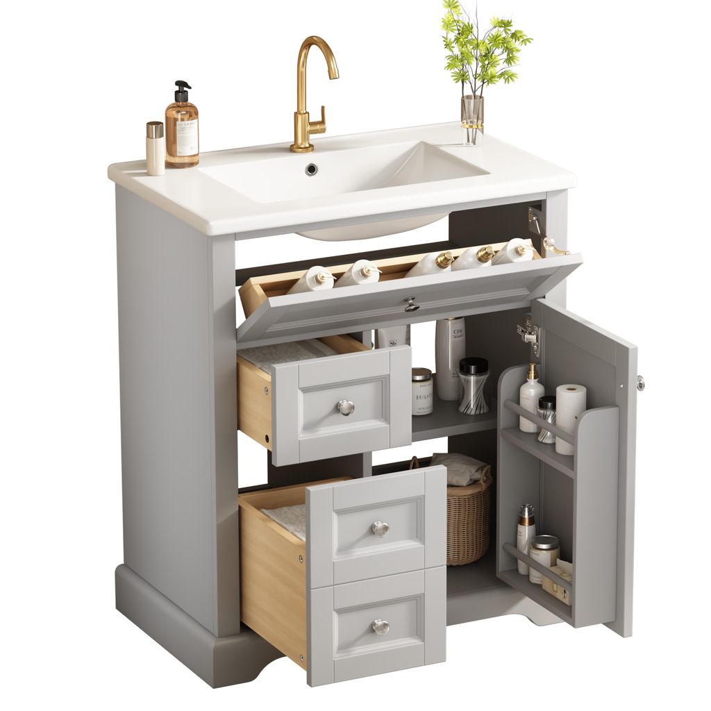 AIORBER Waschbeckenunterschrank 51x46x85 cm freistehend, moderner Waschtisch mit Türablage, leiser Schublade, Keramikbecken, Grau