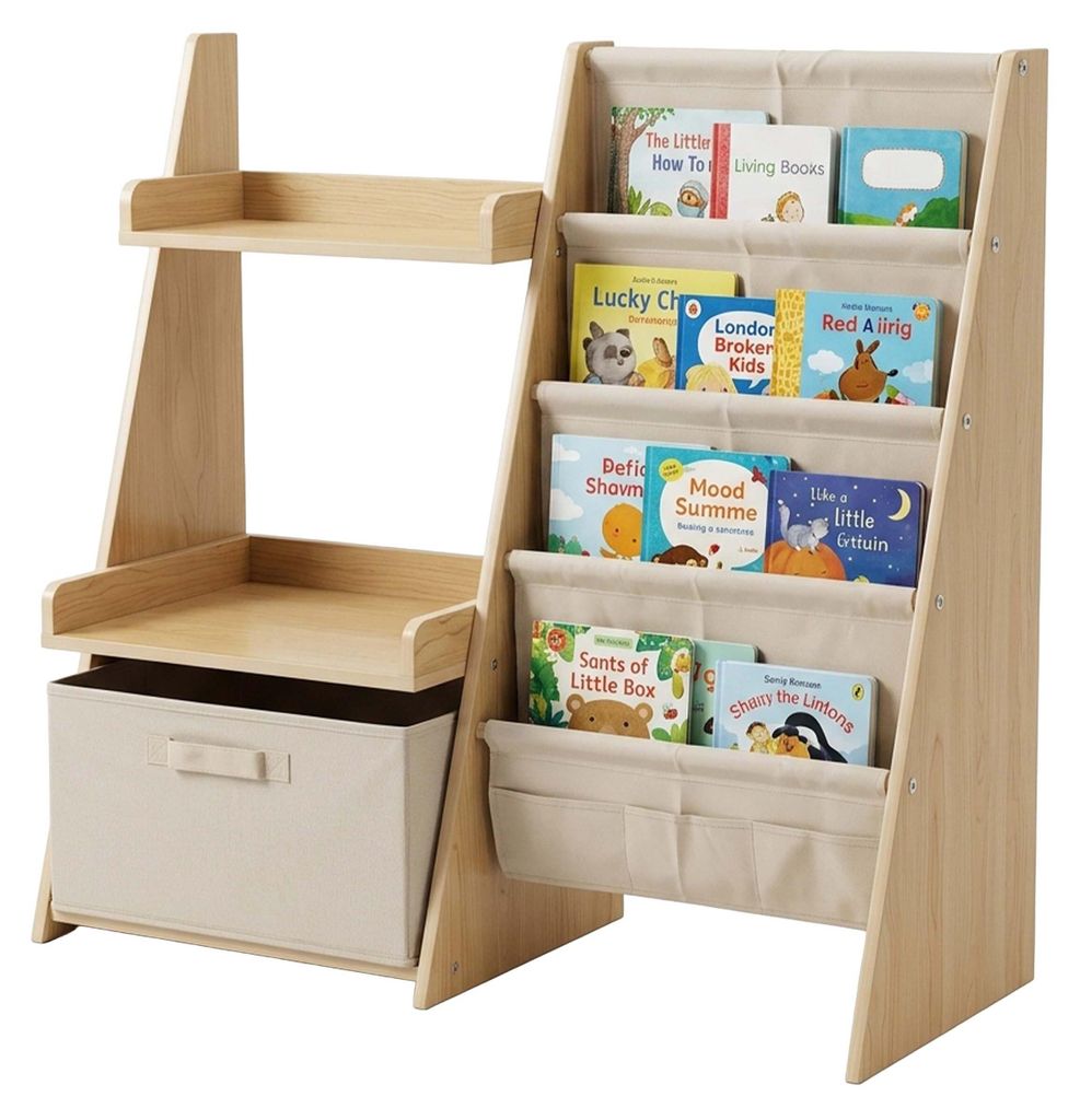 Relaxdays Bücherregal Kinder, 7 Stofftaschen, 2 Ablagen & Produktbild 