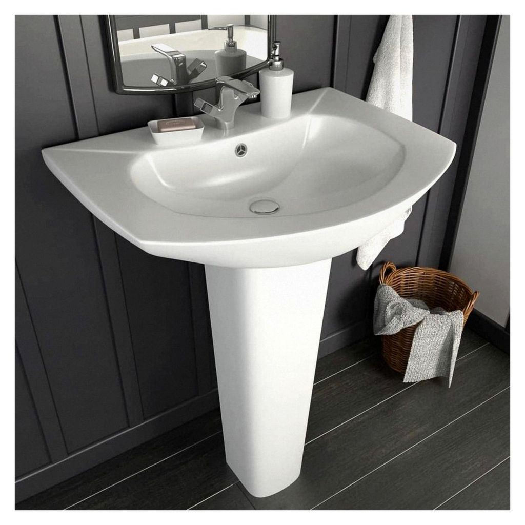 Freistehendes Waschbecken mit Säule aus Keramik in Weiß 650x520x200 mm, Aufsatzwaschbecken für Gäste-WC, Bad und Waschtisch