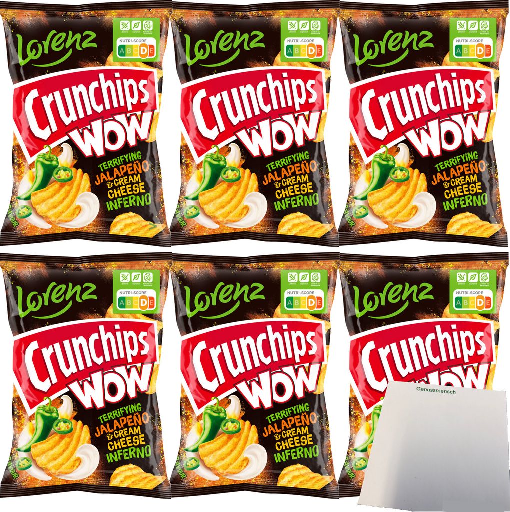 Lorenz Crunchips WOW Jalapeno & Sour Cream geriffelte Kartoffelchips 6er Pack (6x110g Beutel) + usy Block