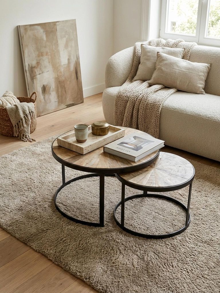 Design Couchtisch 2er Set Mango Massivholz Satztisch Rund, Wohnzimmertisch mit Metallbeine Braun, Tischset 2-teilig Satztisch Holz / Metall Schwarz