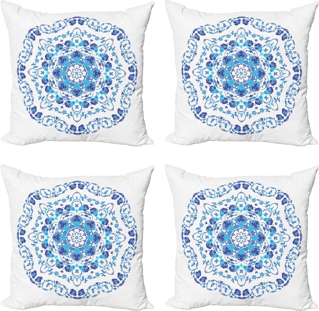 ABAKUHAUS Vintage Blue Kissenbezug Set (4 Stück), Reiche Blumenzier, Moderner Doppelseitiger Digitaldruck, 40 cm x 40 cm, Himmelblau und Dunkelblau