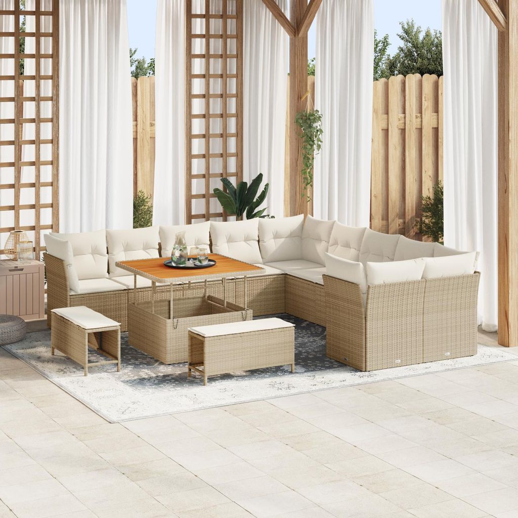 13-teiliges Garten Sofa Set mit Kissen in Beige aus Poly Rattan und Akazie, Design Möbel Gartensofas Neu