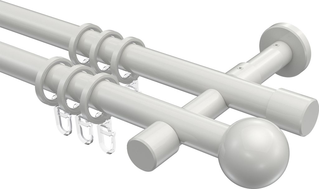 Interdeco Gardinenstange / Vorhangstange Weiß, Typ Prestige Luino (Kugel), 20 mm Ø 2-läufig, 280 cm