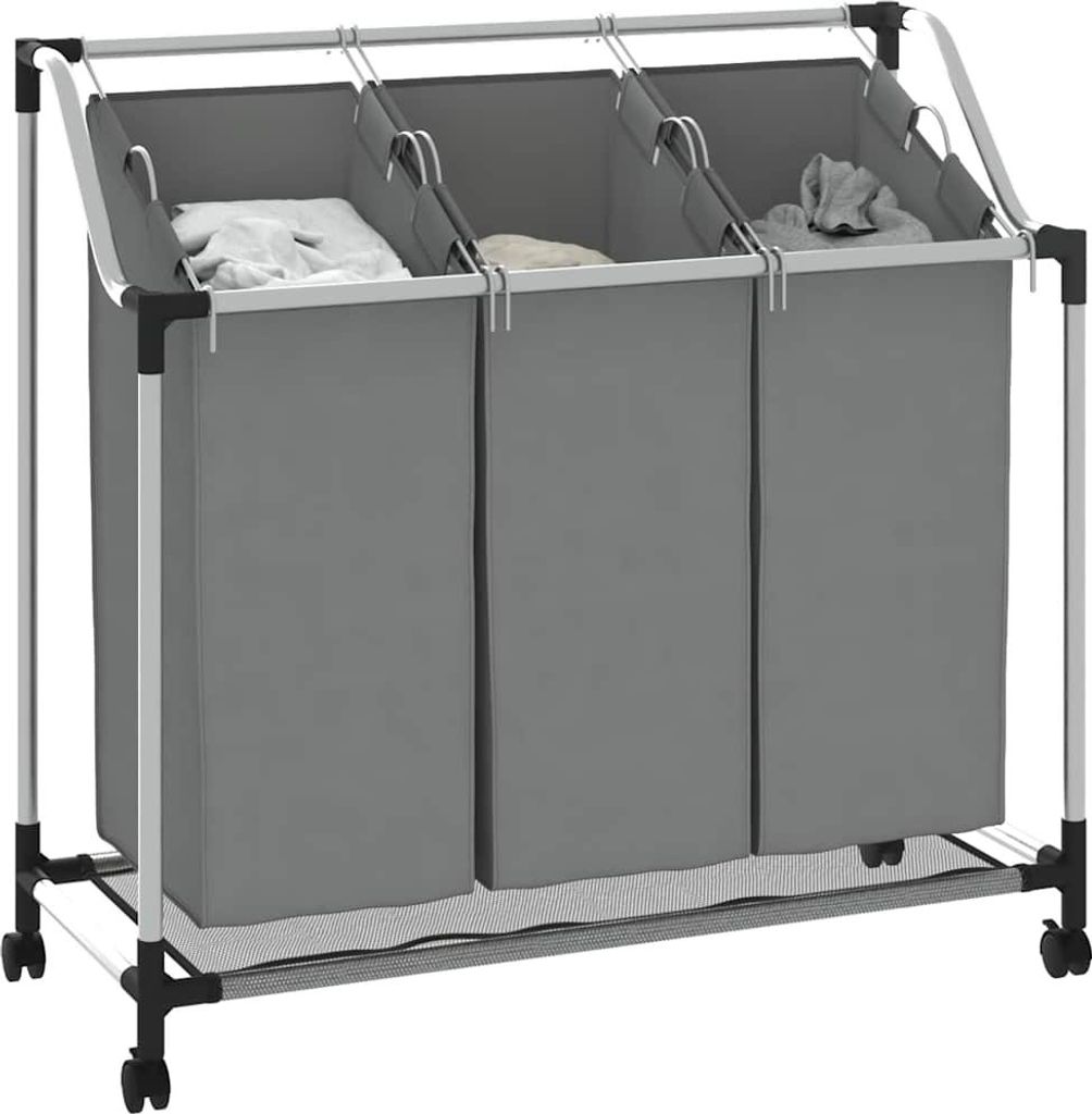 Cesta de ropa con ruedas y 3 compartimentos, color gris Imagen del producto 
