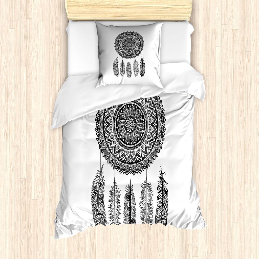 ABAKUHAUS Feder Bettbezug Set, Ethnischer Traumfänger mit blühendem Laub verlässt mit hängenden aztekischen Spulen, 135 x 200 cm + 80 x 80 cm, ...