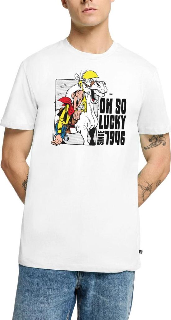 Spreadshirt Lucky Luke mit Jolly Jumper Oh so lucky Männer Premium T-Shirt, L, Weiß
