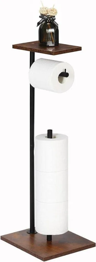 Porte-papier toilette sur pied noir et bois brun rustique - Hauteur 60cm