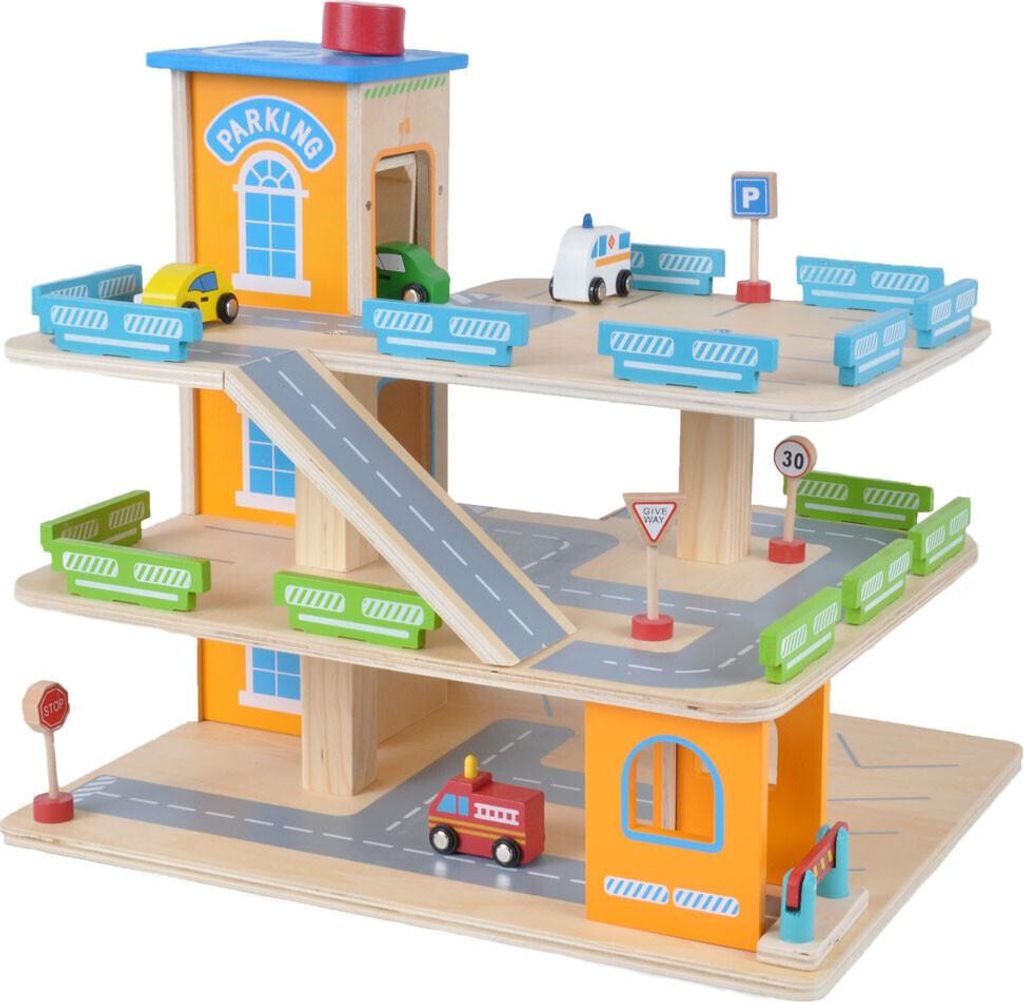 Banditen & Engel Holz-Spielzeuggarage: Banditen-Parkerlebnis mit 3 Etagen und Aufzug – inklusive 4 Autos – Spielzeug-Autogarage aus Holz