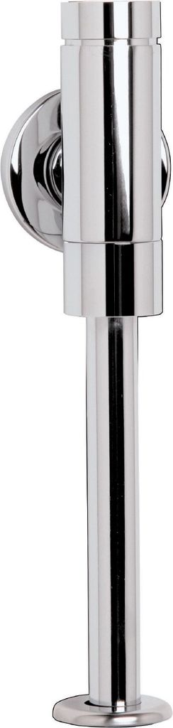 A close-up, studio shot of a chrome urinal flush valve.