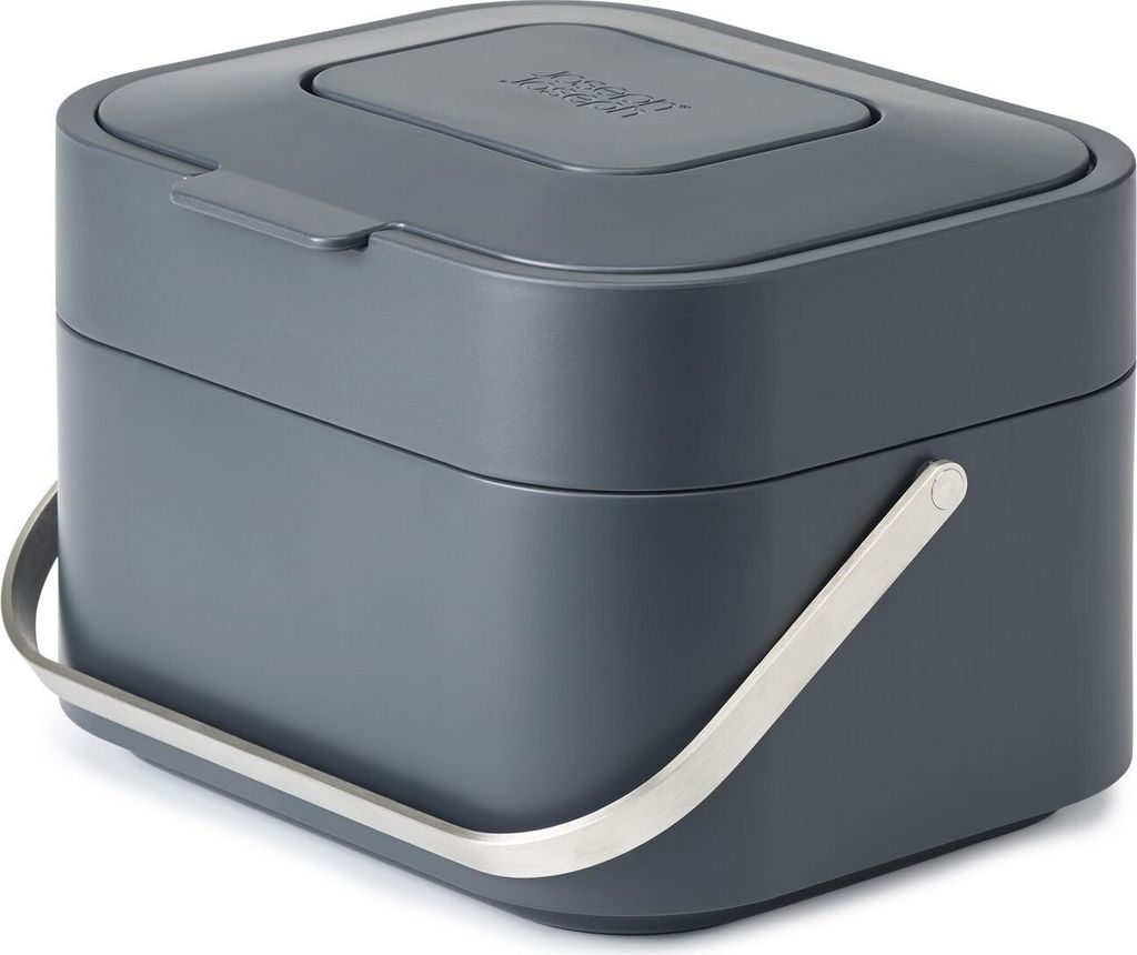A dark gray compost bin with a silver handle, shown from a diagonal angle against a white background.