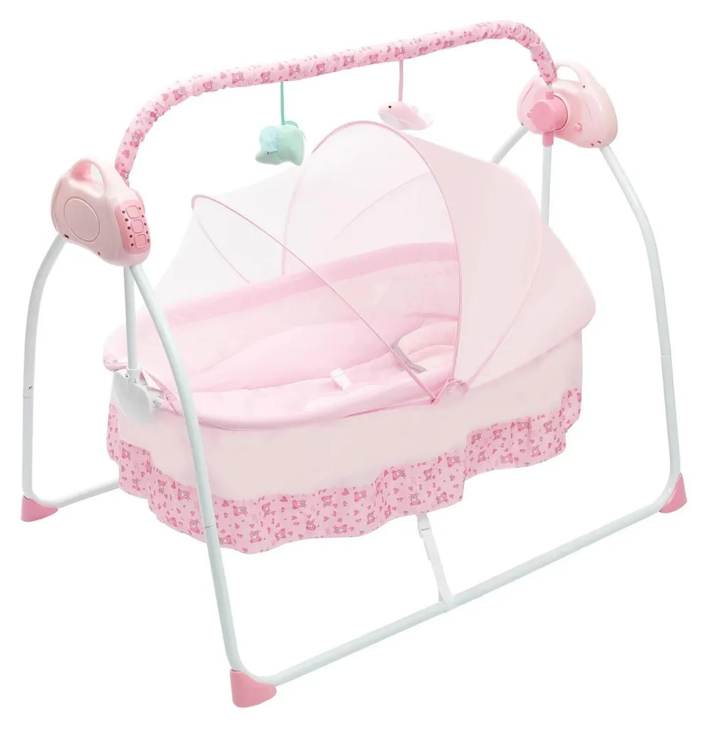 Lit Bébé Balancelle Électrique Rose Pliable avec Contrôle à Distance