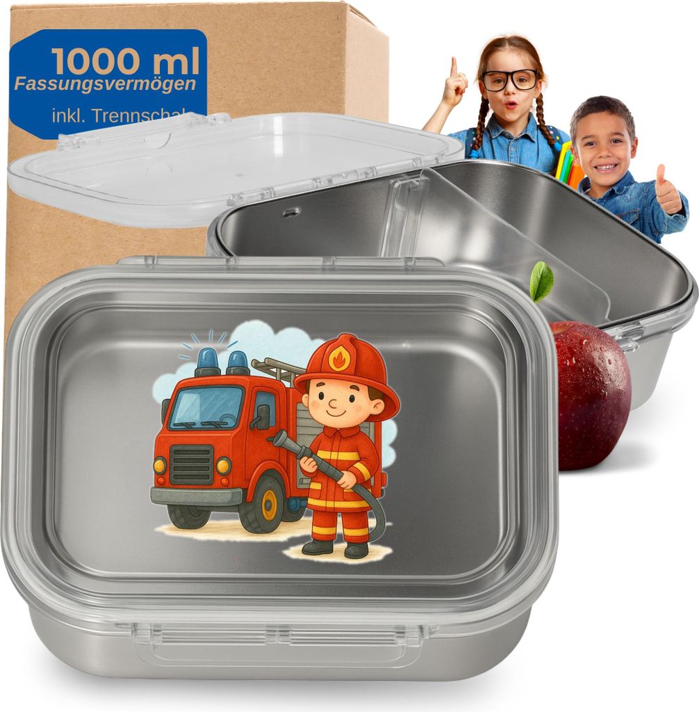 Edelstahl Brotdose Kinder 1000 ml - Brotbox 'Storage' mit Trennwand und Motiv perfekt für Schule und Kindergarten - Motiv Feuerwehrmann