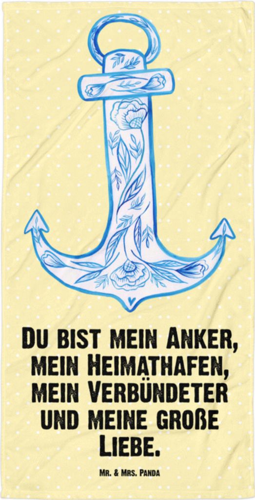 Mr. & Mrs. Panda Handtuch Anker Blau - Gelb Pastell - Geschenk, Reisehandtuch, Lustige Sprüche, Badehandtuch, Strandtuch, Duschtuch, Badelaken