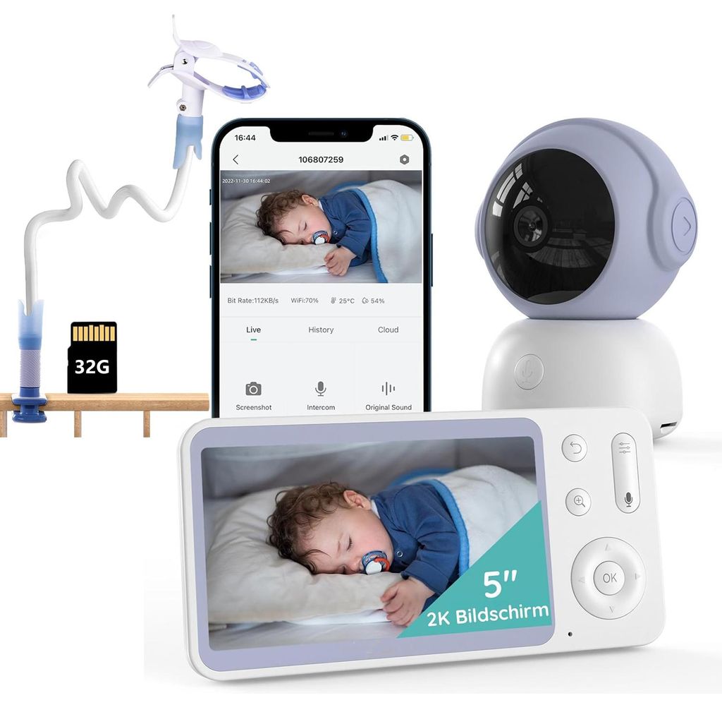Babyphone mit Kamera und App 2K IR-Nachtsicht PTZ 360 Grad Bewegungsverfolgung Sichere Datenschutz 5" WLAN Video Babyfon mit APP mit Halterung & 32G