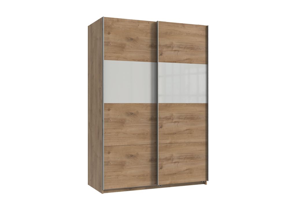Kleiderschrank Bramfeld in Plankeneiche mit Glas Weiß – Schwebetürenschrank in 135cm Breite