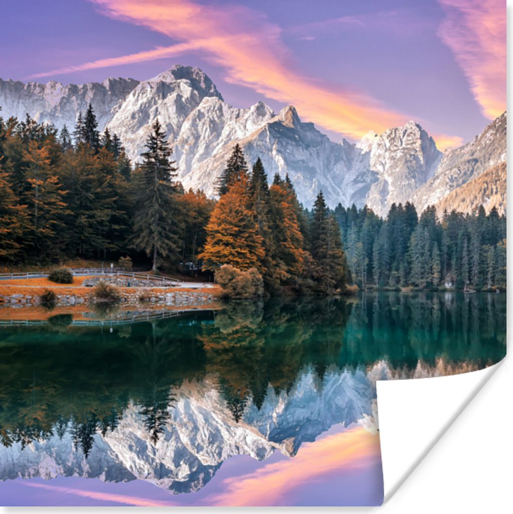 MuchoWow Poster Berg - Wald - Wasser - Himmel - Rosa - Lila 30x30 cm - Wandposter - Printing