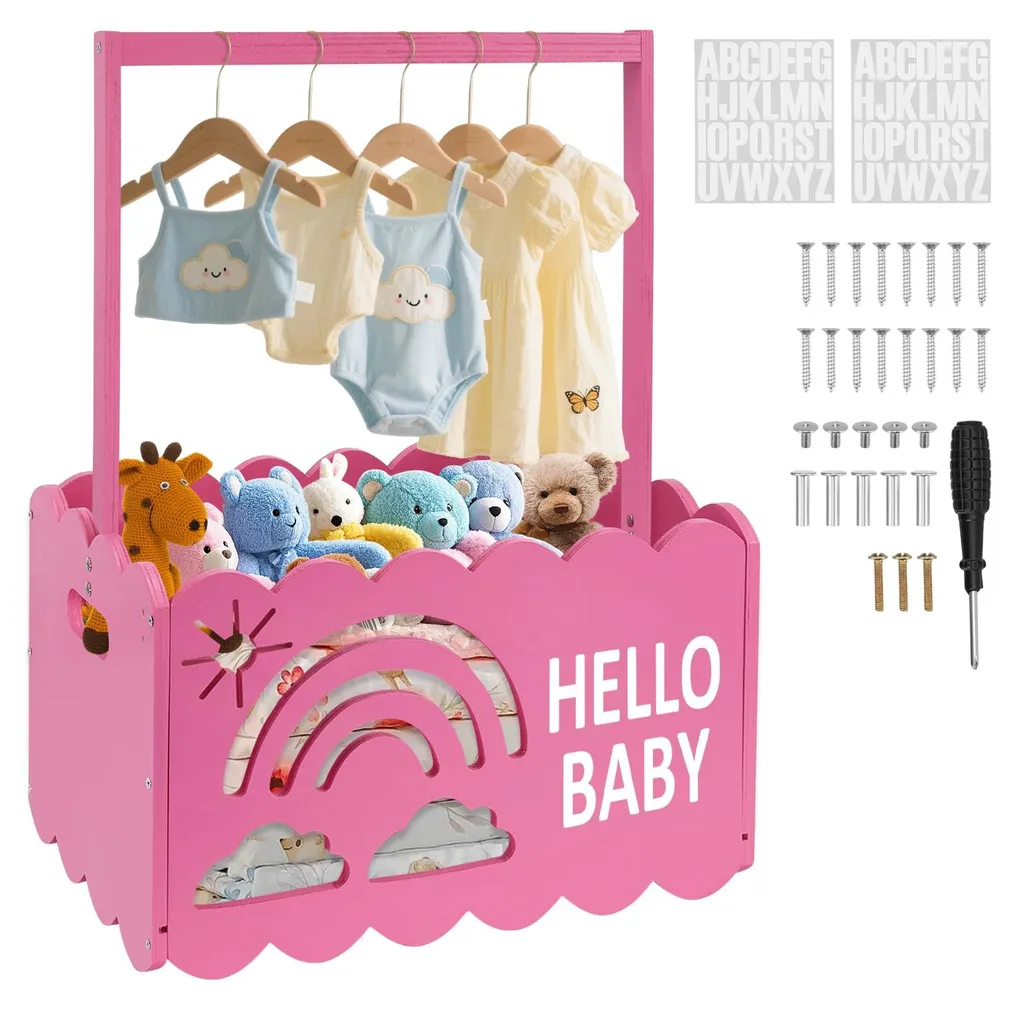 Panier cadeau bébé en bois rouge avec 52 lettres pour Baby Shower personnalisé